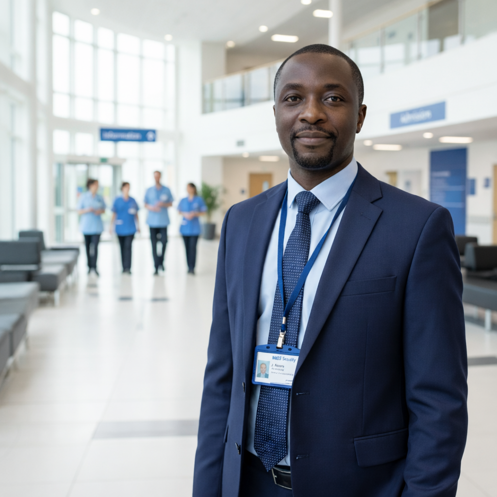 NHS Security team member stood in a hospital